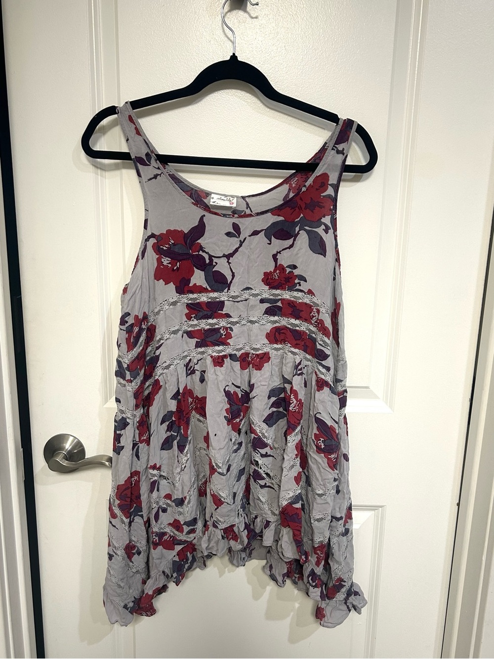 Free People Gray Tank Top with Red Floral Print